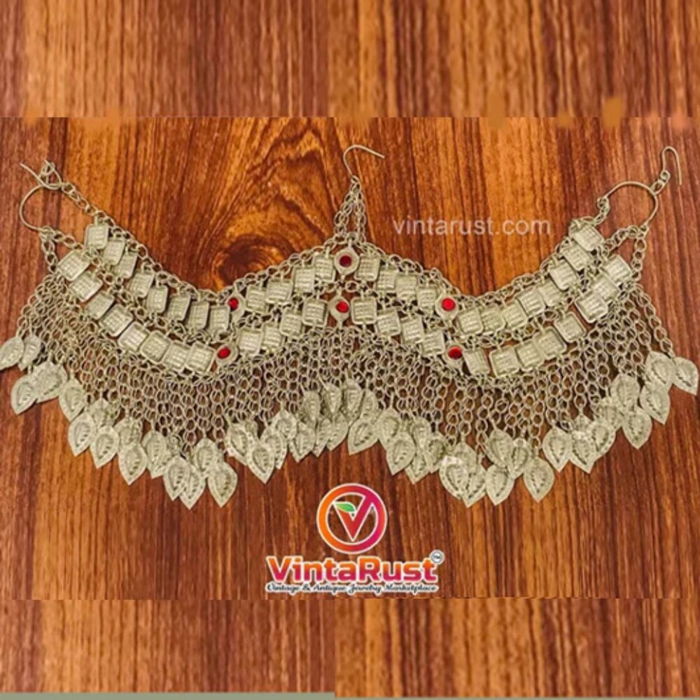 Afghan Kuchi Headpiece: Silver Matha Patti with Red Glass & Tassels